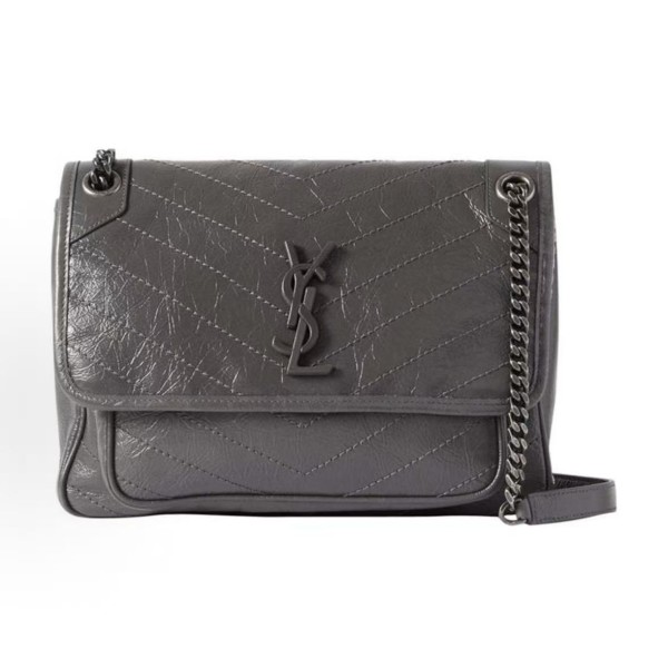 SAINT LAURENT YSL Niki Logo chain retro pleated wandering bag crossbody single-shoulder bag medium-sized women\'s grey